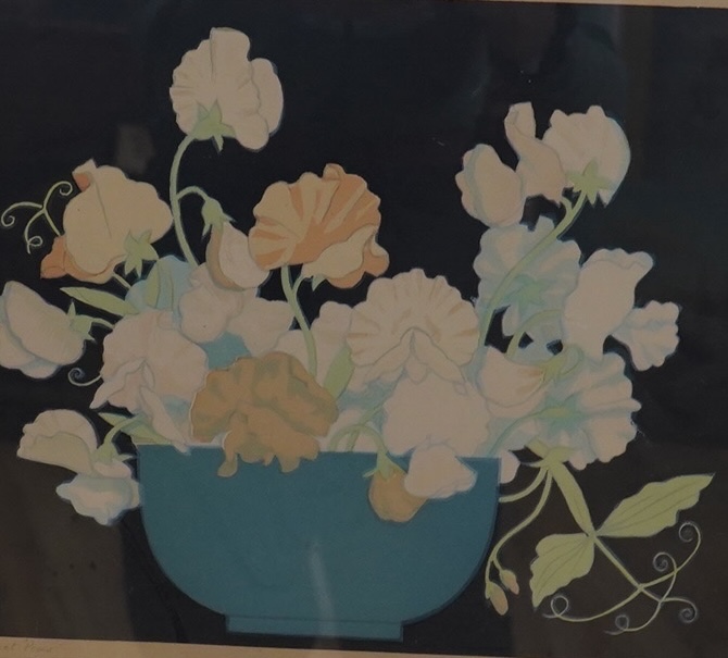 John Hall Thorpe (1874-1947), woodblock engraving, Still life of Sweet Peas, signed in pencil, 25 x 30cm. Condition - poor to fair, faded